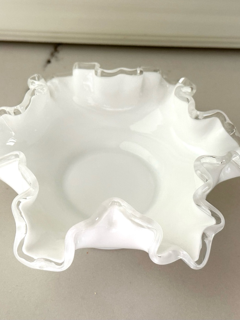 Fenton Silver Crest White Milk Glass Ruffled Bowl with Clear Rim, Like New